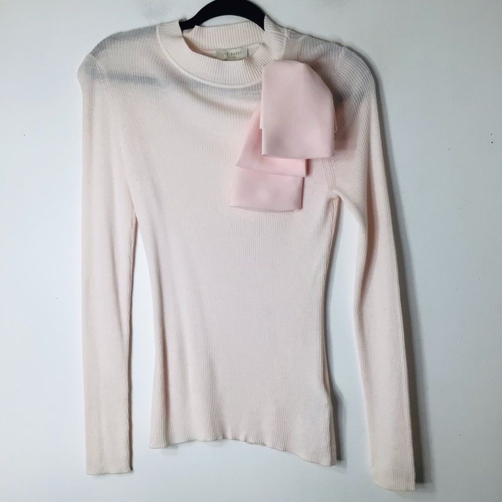 Ted Baker Pale Pink Long Sleeve Bow-Accent Ribbed Top